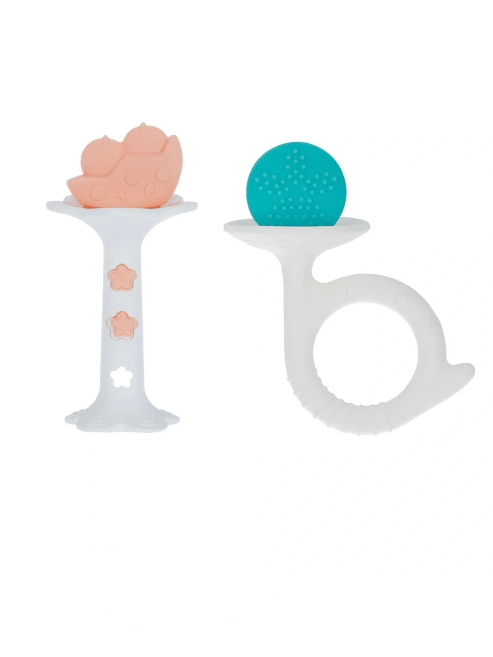 Nuby Silicone Fun Teethers — Chick & Tuba Teether Aqua & Peach *NEW*